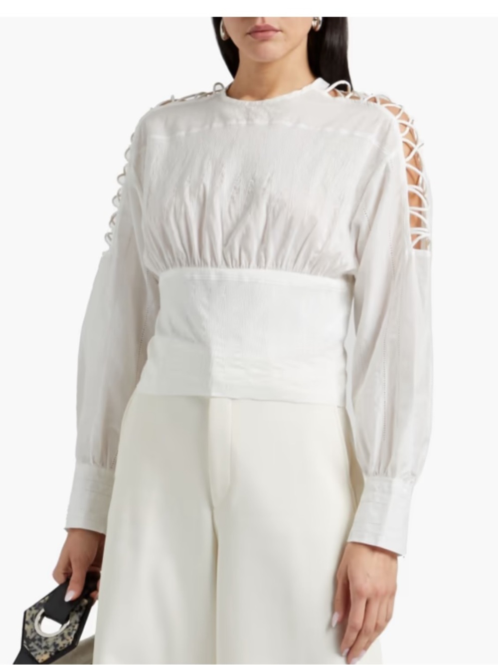 Iro Parikia Strappy Smocked Long-Sleeve White Blouse size 36 cotton silk blend